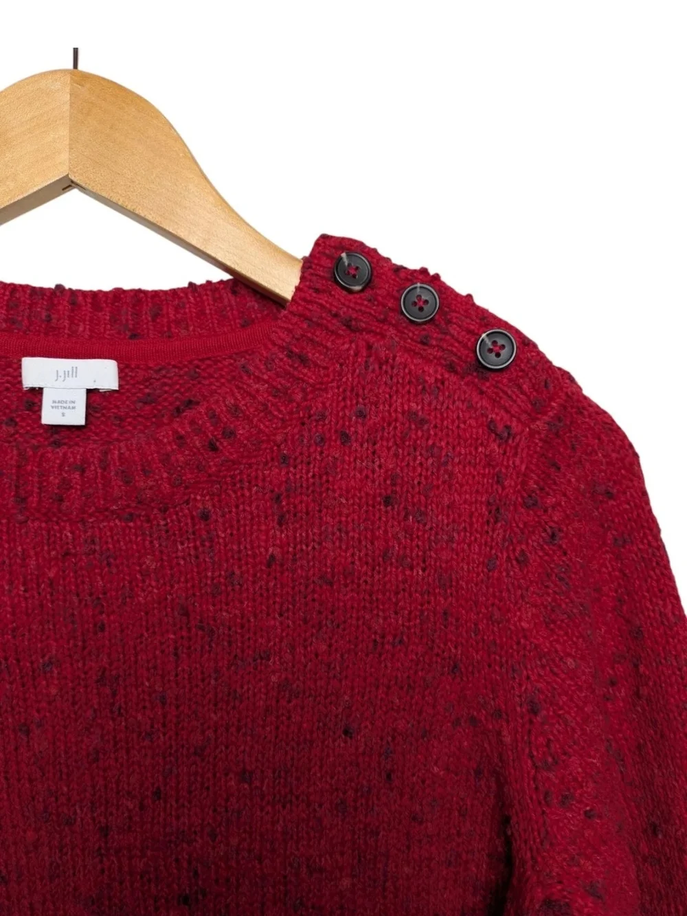 J. Jill Red Crewneck Sweater Small with Button Shoulder Speckled Confetti